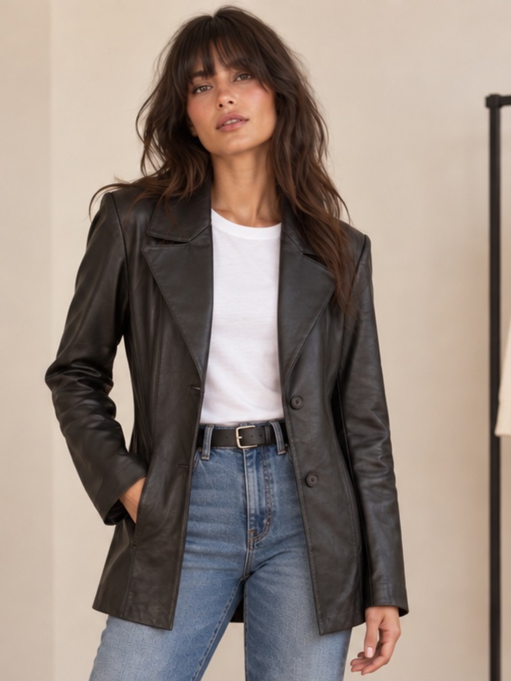 Vintage 100% Leather Jacket 90s Women’s Longline Tailored Blazer Button-Front S